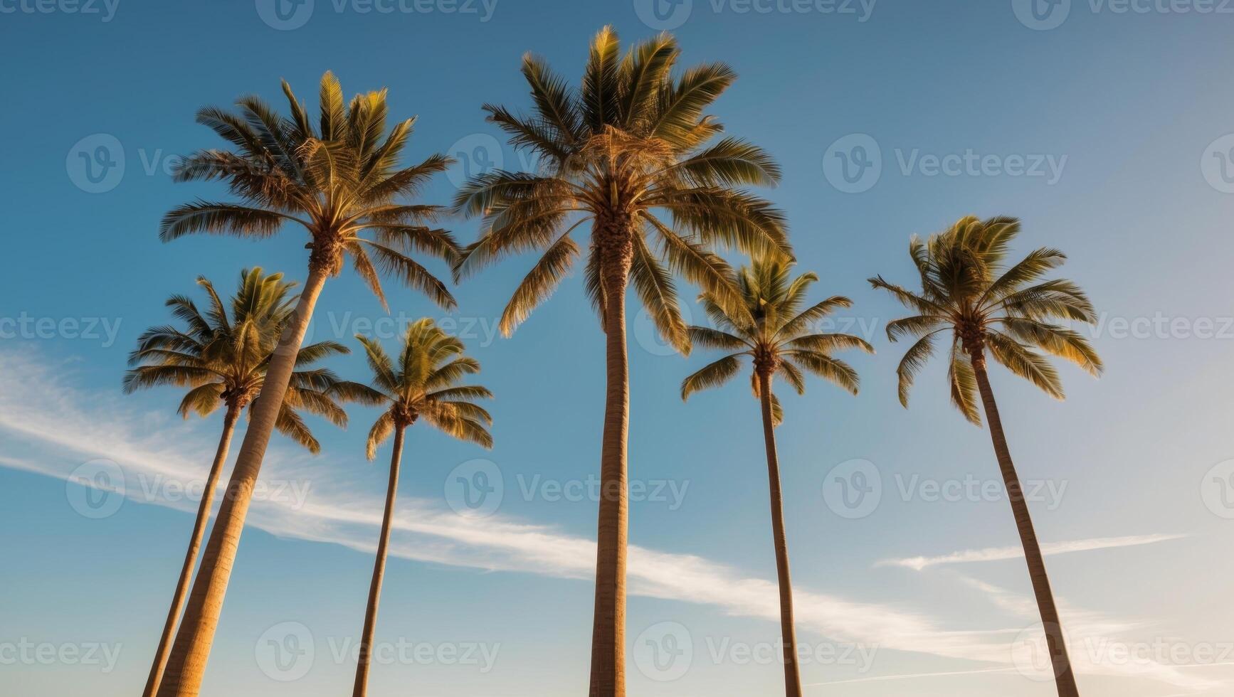 Dreamy Vacation Image with Tall Palm Trees Under a Clear Blue Sky and Warm Sunlight photo