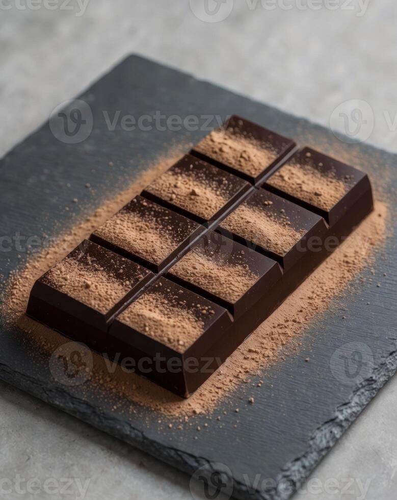 Rich Dark Chocolate Block with Cocoa Powder Dusting on Slate Surface photo