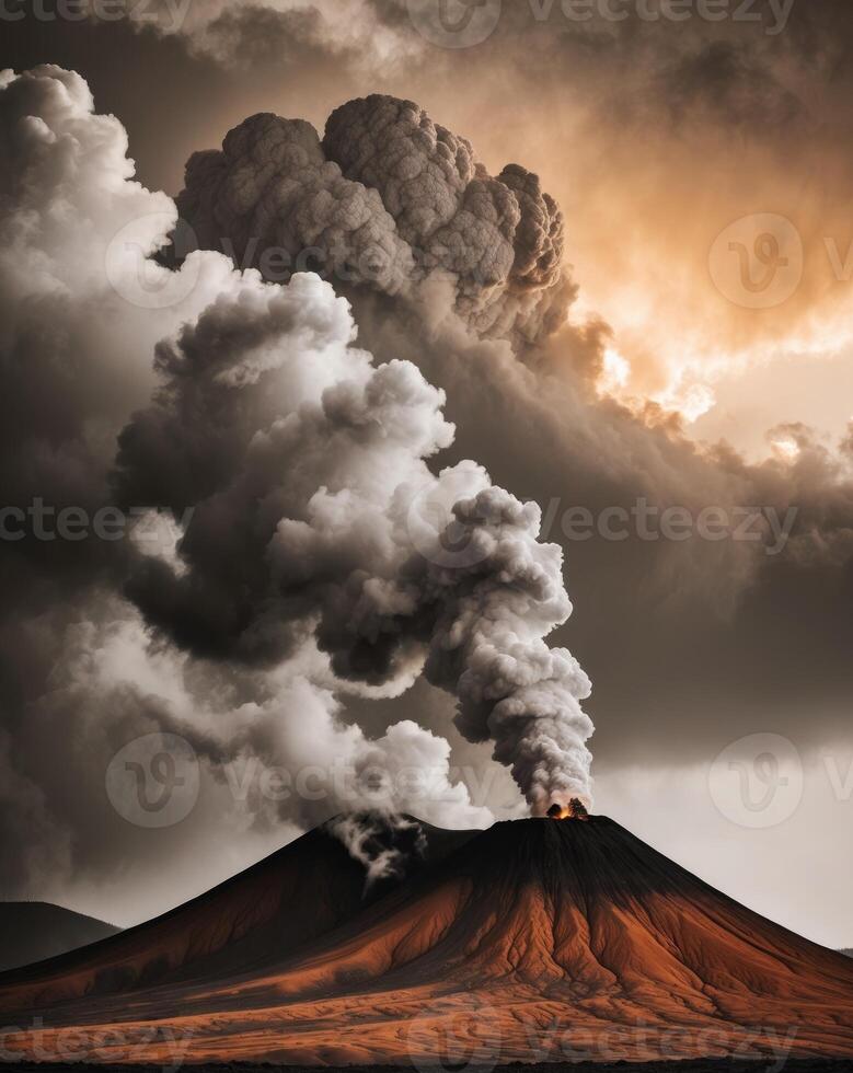 Steam and Smoke Above Volcanic Landscape Under Dramatic Sky photo