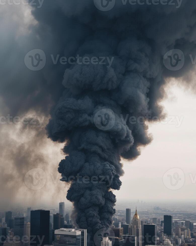 Aerial View of a City with a Large Plume of Black Smoke photo