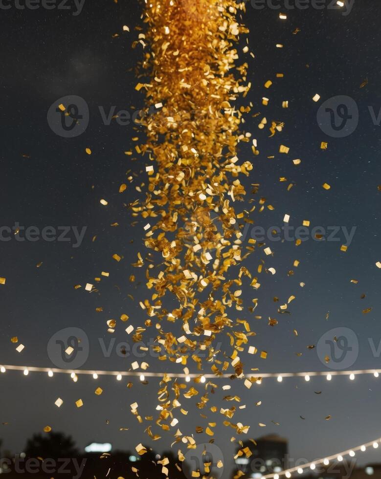 Golden confetti falls gracefully in a festive atmosphere during a New Year's Eve celebration at night photo