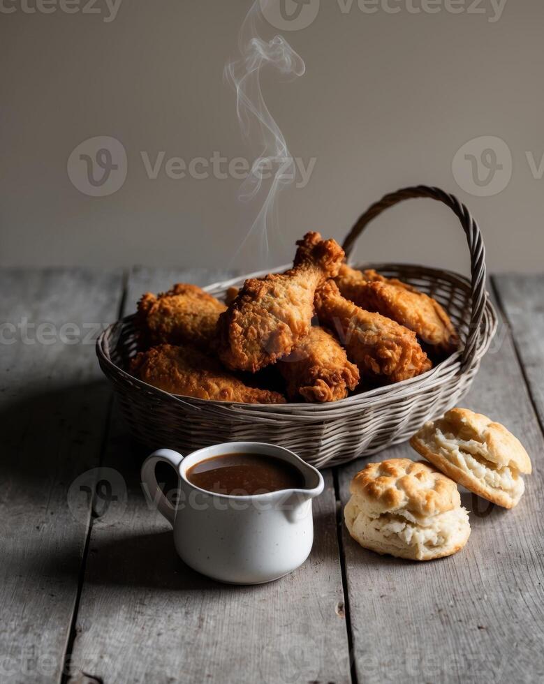 Fried chicken and biscuits in a basket on a wooden table photo