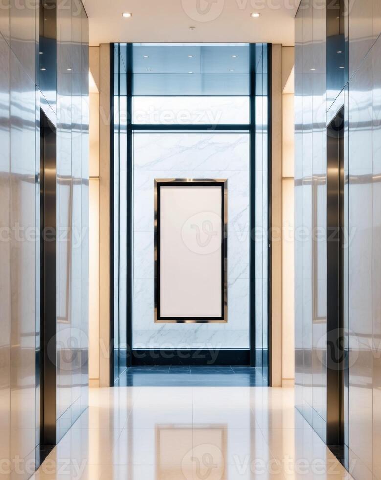 An empty hallway with a large blank frame photo