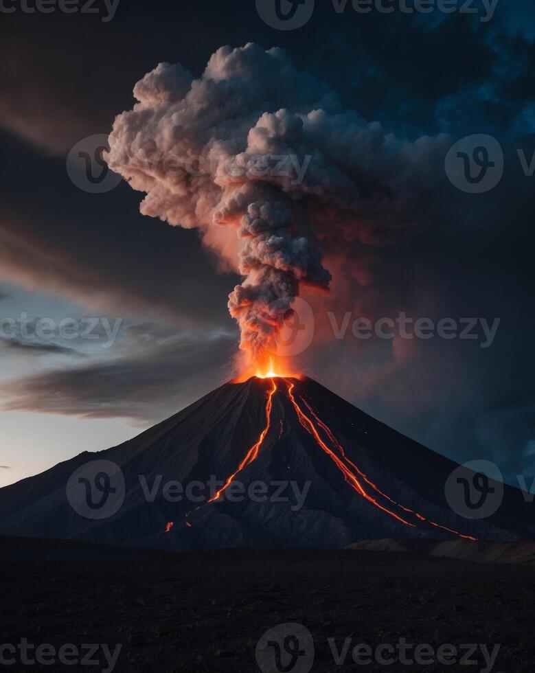 Volcano eruption with lava and smoke photo