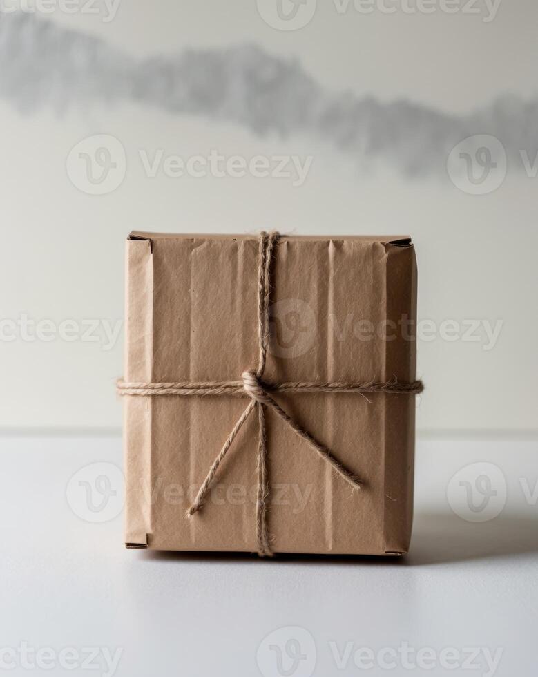 A brown box with a string tied around it photo