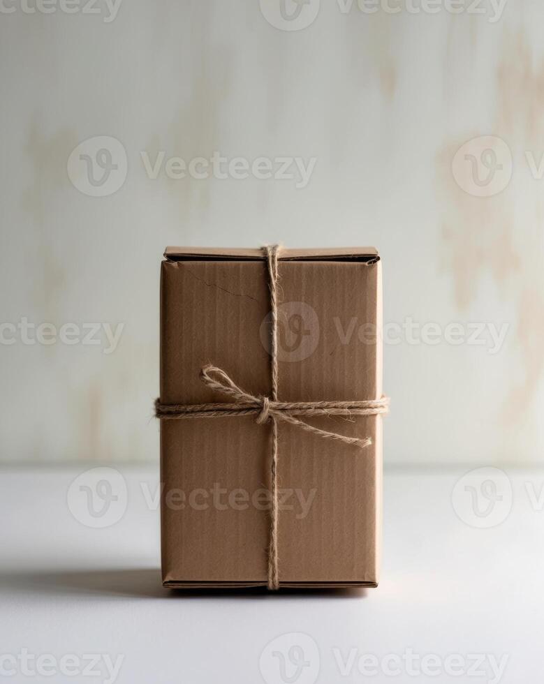 A brown box with a string tied around it photo