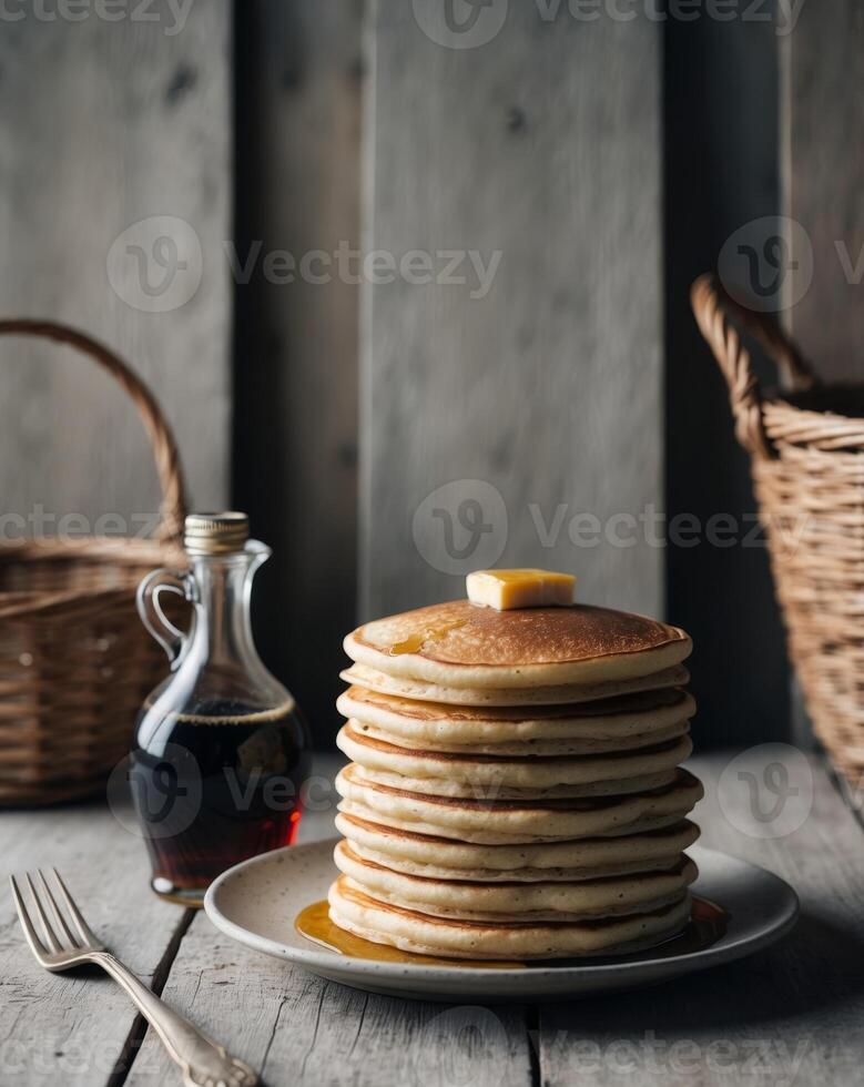 Savory Pancakes Stack in Rustic Setting with Syrup photo