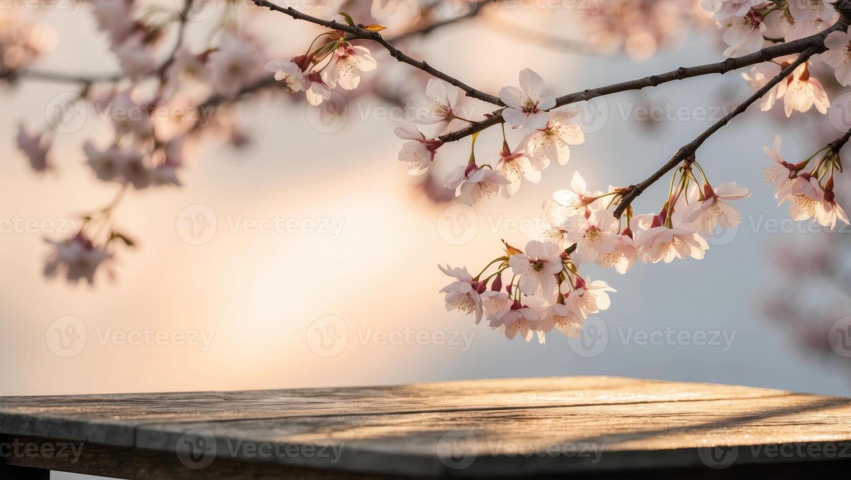 Cherry Blossoms Blooming in Spring Sunlight Over Wooden Table photo