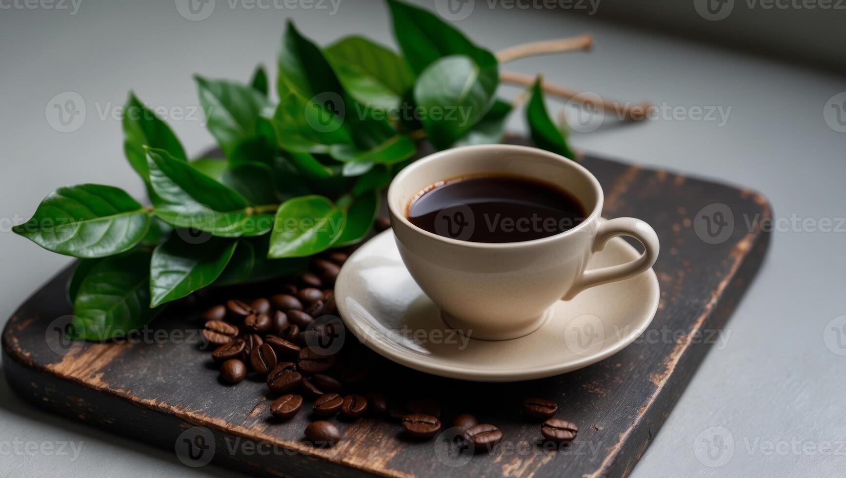 Brewed coffee in a cup on a wooden board with coffee beans and fresh leaves flat lay lifestyle concept photo