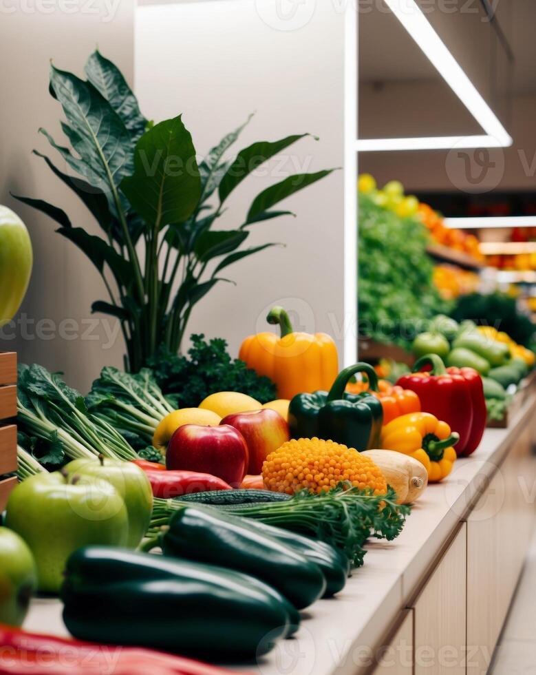 A colorful display of fruits and vegetables in a grocery store photo