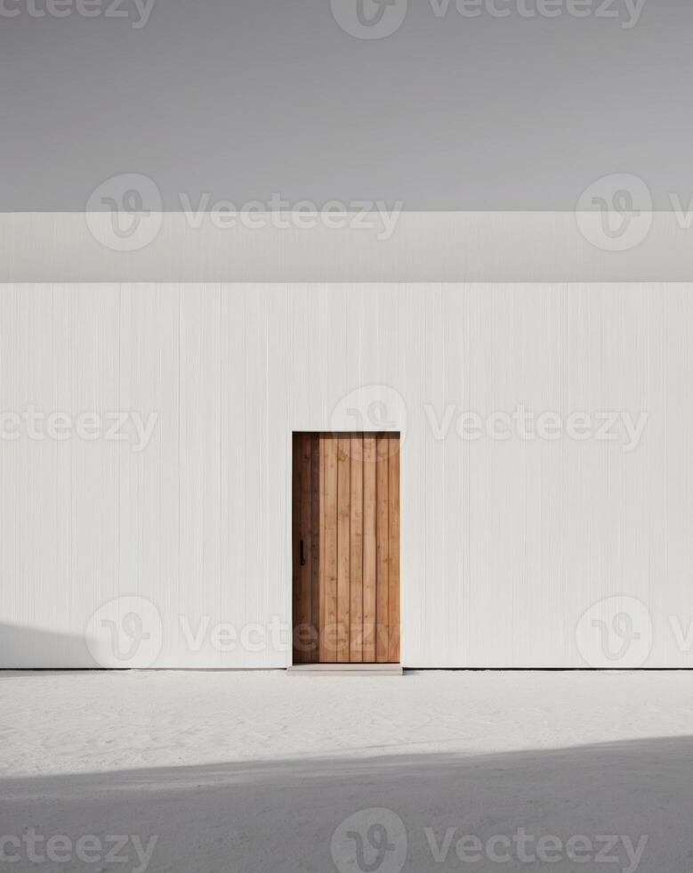 house with wooden door and empty white wall photo