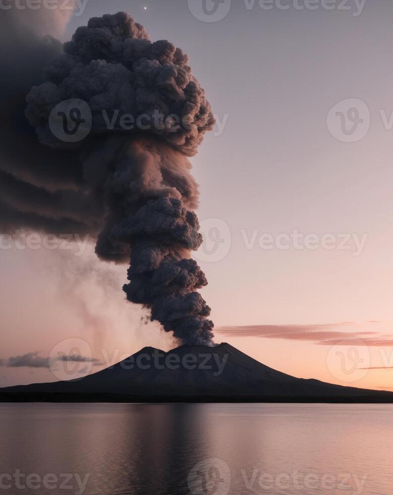 Volcanic Eruption with Smoke and Ash Over Calm Waters at Dusk photo
