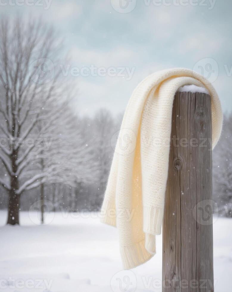 A white scarf is hanging on a wooden post in the snow photo