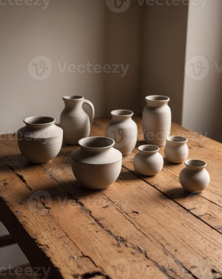 A table with several vases and bowls on it photo