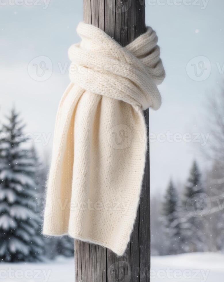 A white scarf is wrapped around a wooden post photo