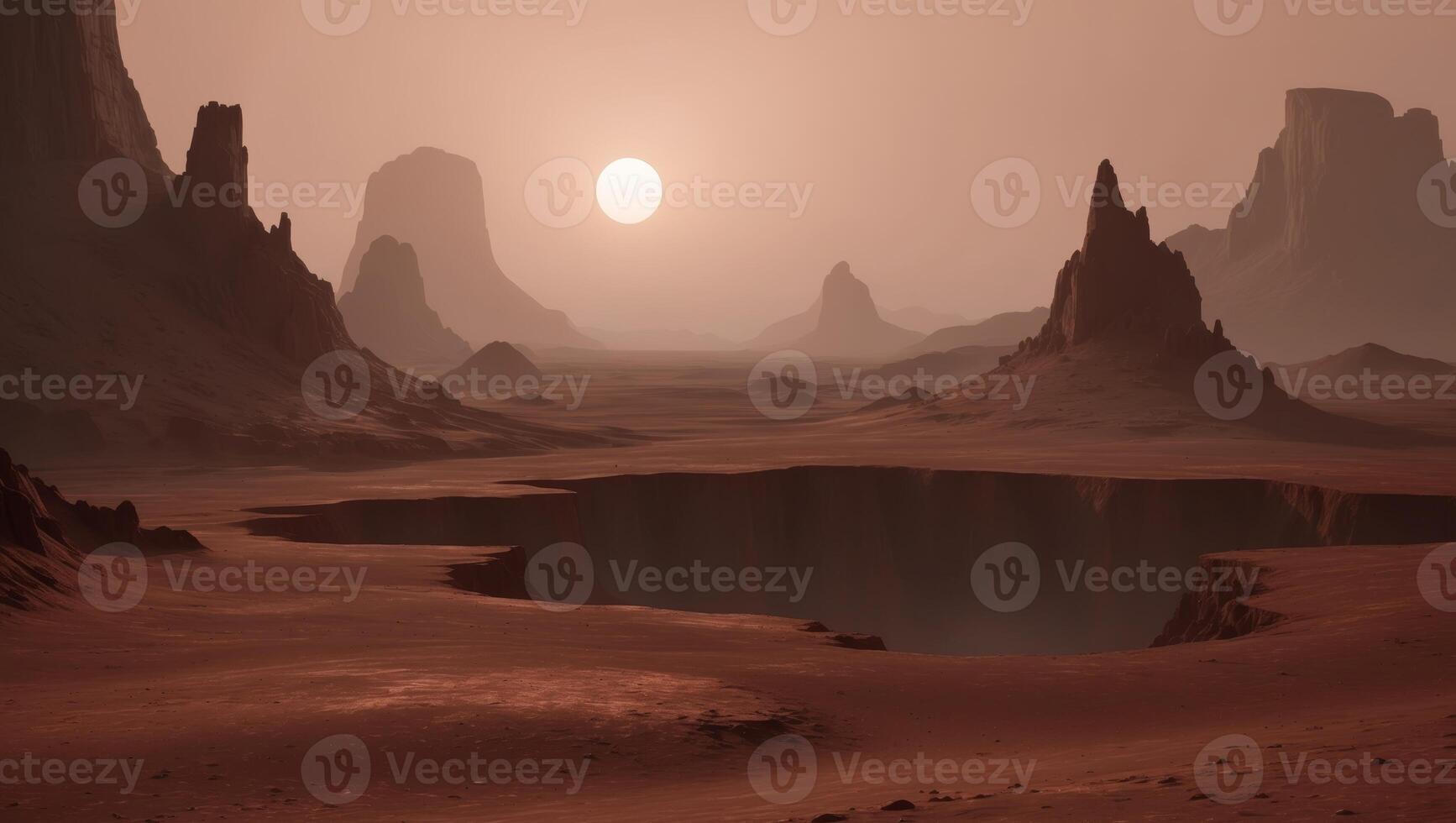 An alien landscape with a sun rising over it photo