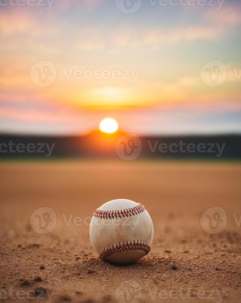 A baseball sits on the field at sunset photo