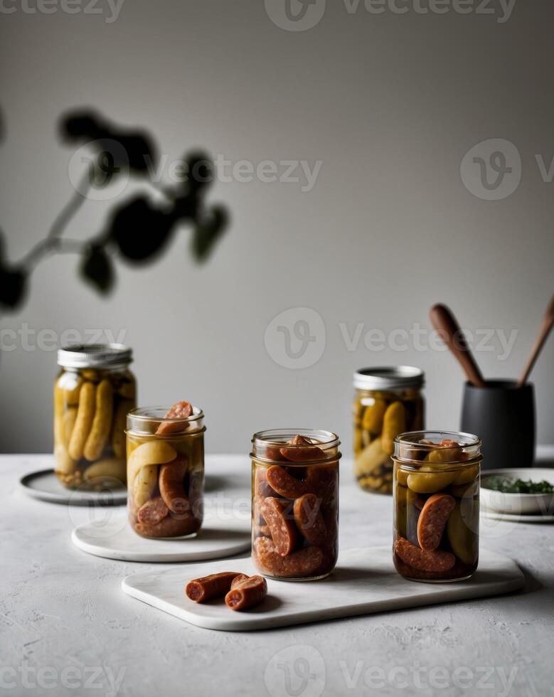 Pickled peppers and sausage in jars photo