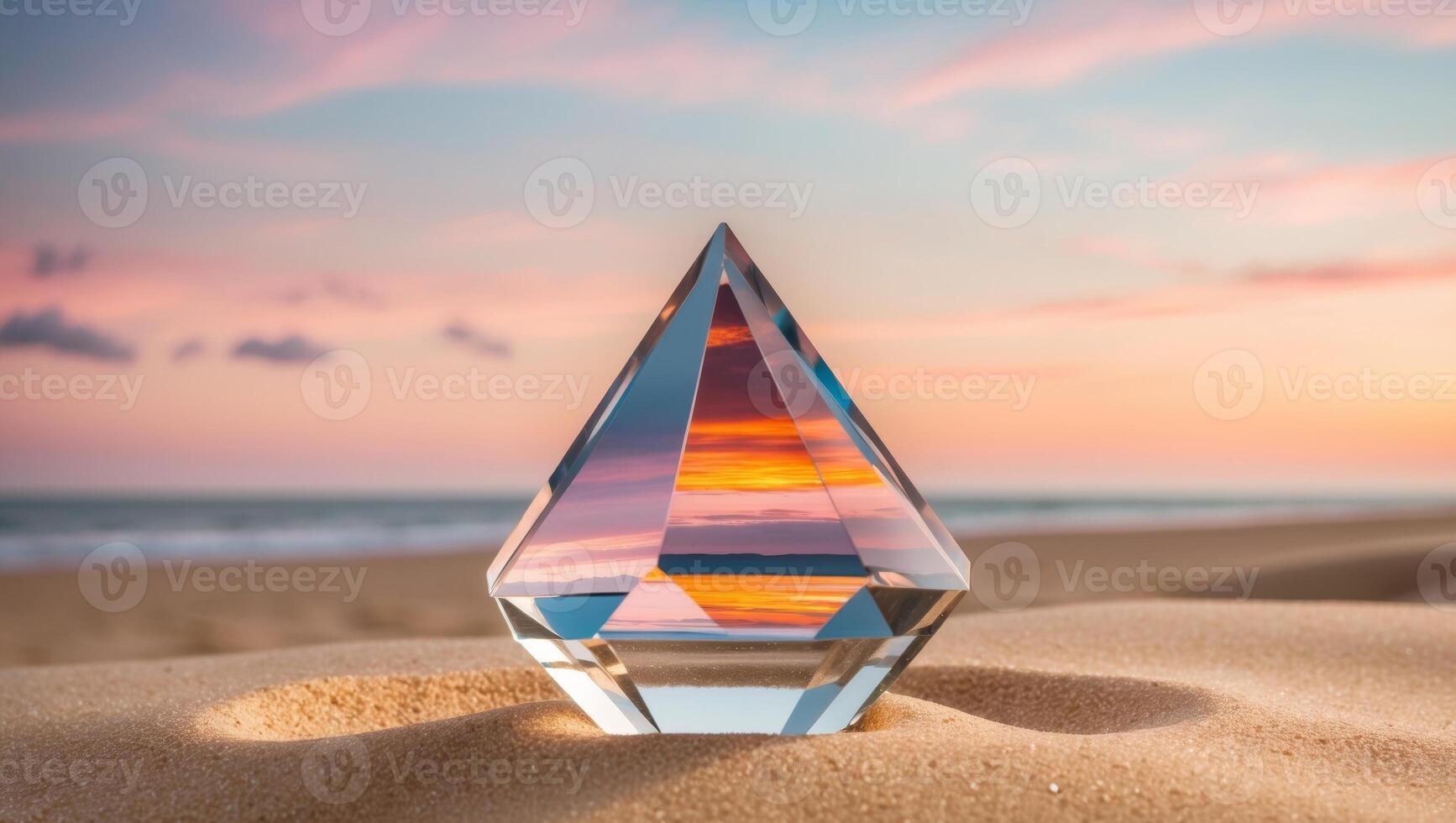 A crystal pyramid on the beach at sunset photo