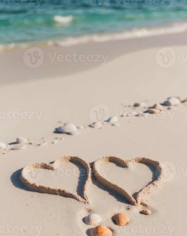 two hearts drawn in the sand on an exotic beach with waves gently lapping at their edges photo