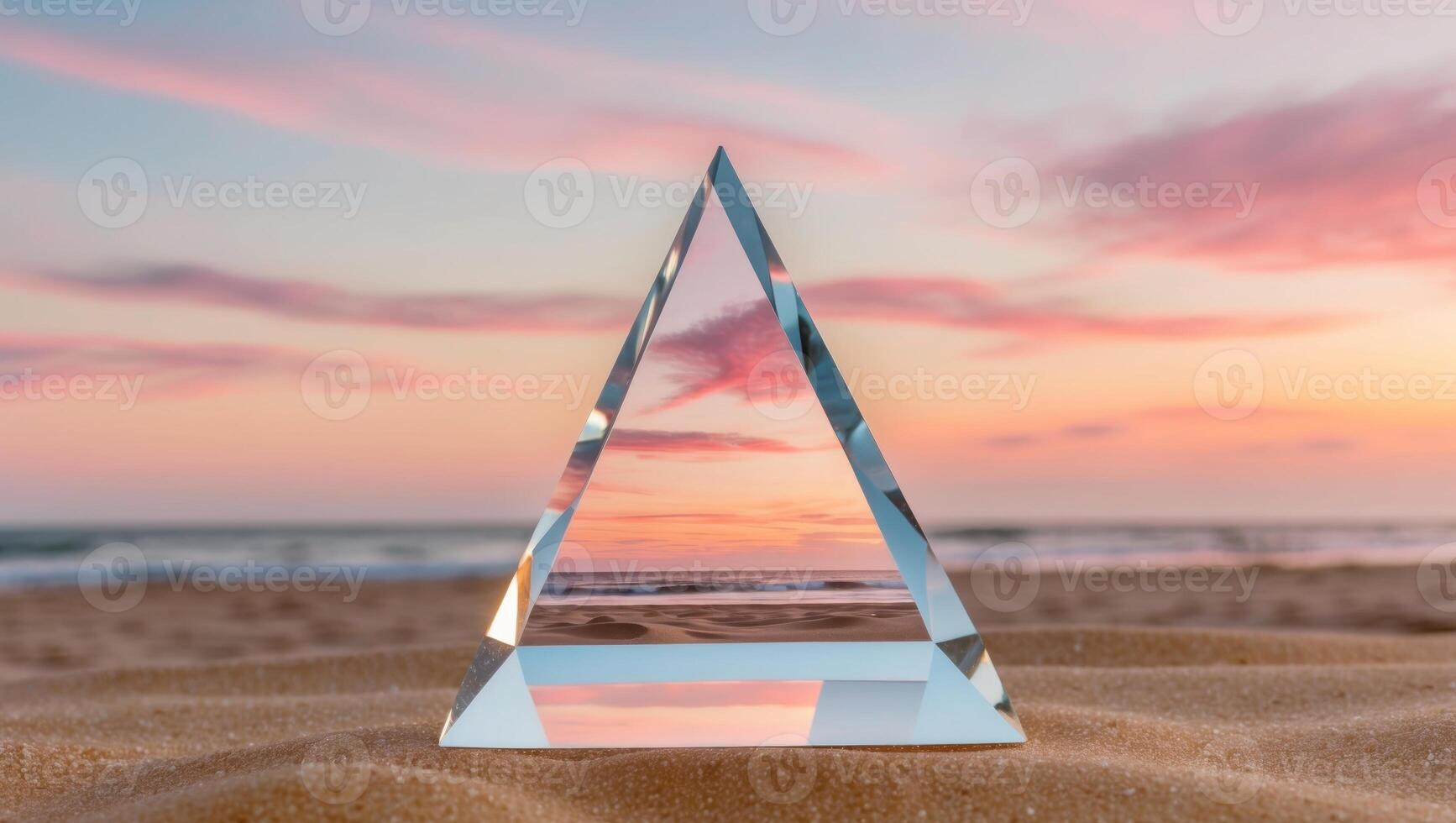 Crystal prism reflecting sunset colors on beach with vivid sky photo