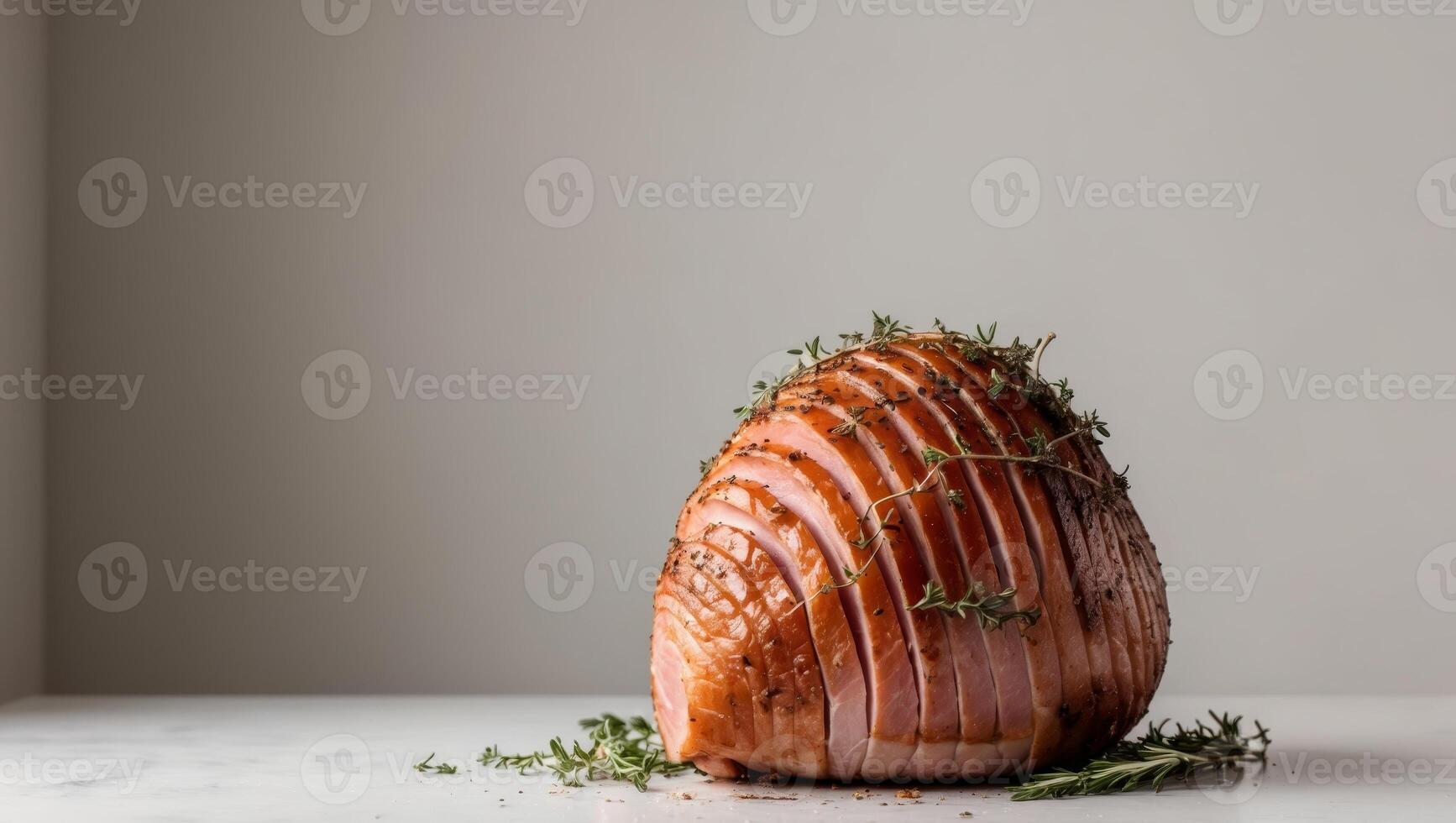 a beautifully roasted ham garnished with herb photo