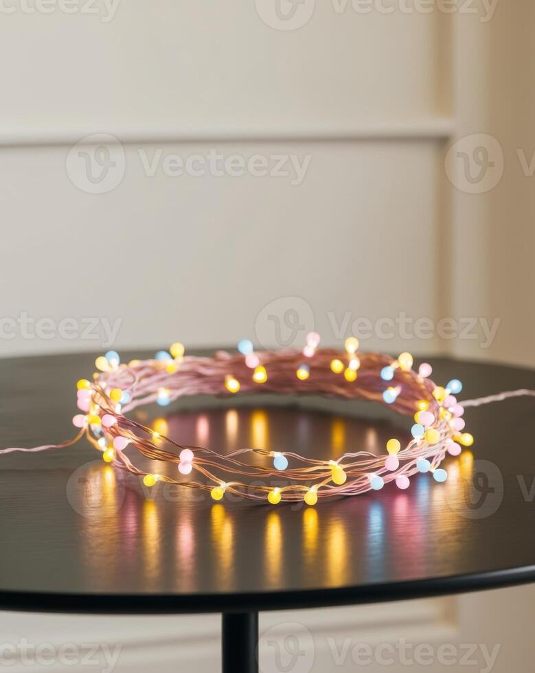 A colorful string of lights is curled up on a table photo