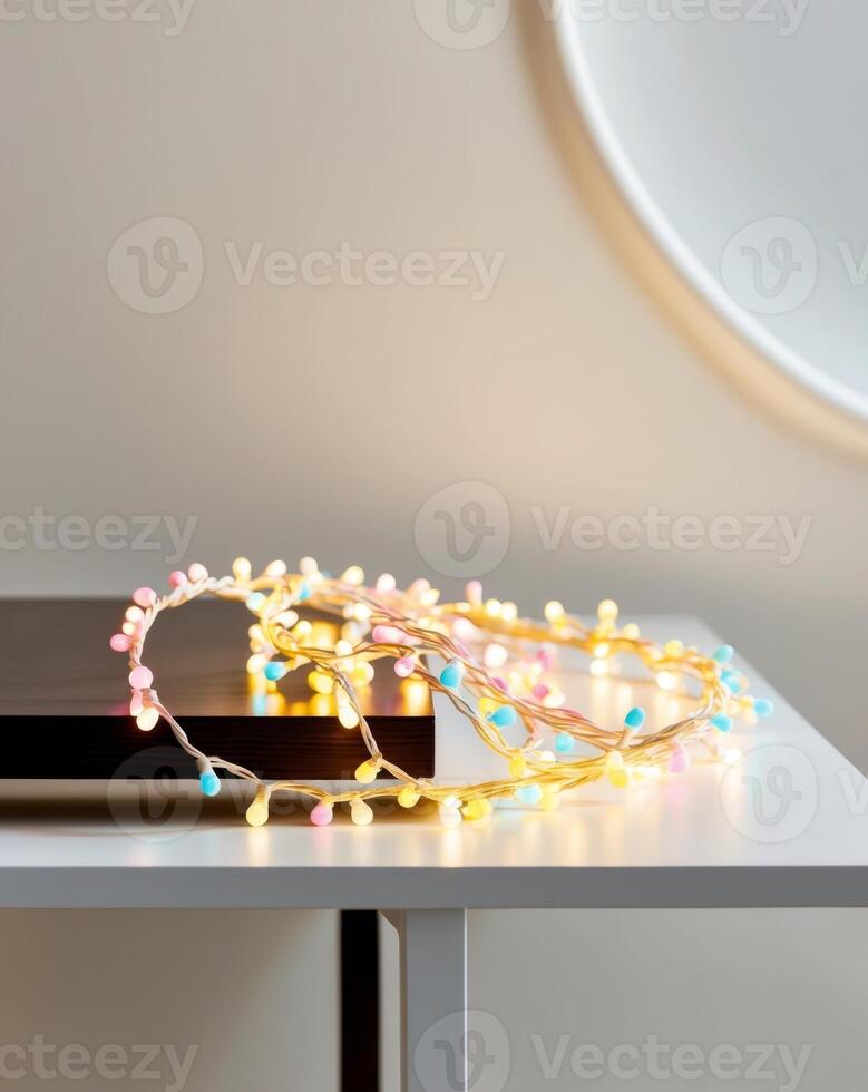 A colorful string of lights is curled up on a table photo