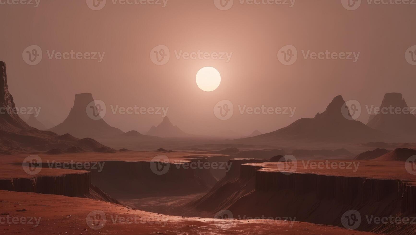 Eerie dawn on mars captivating shadows and light dance across the rugged martian landscape photo