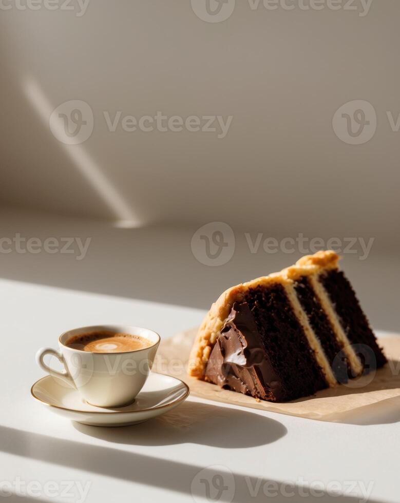 a cup of espresso next to a slice of rich chocolate cake or a buttery pastry photo
