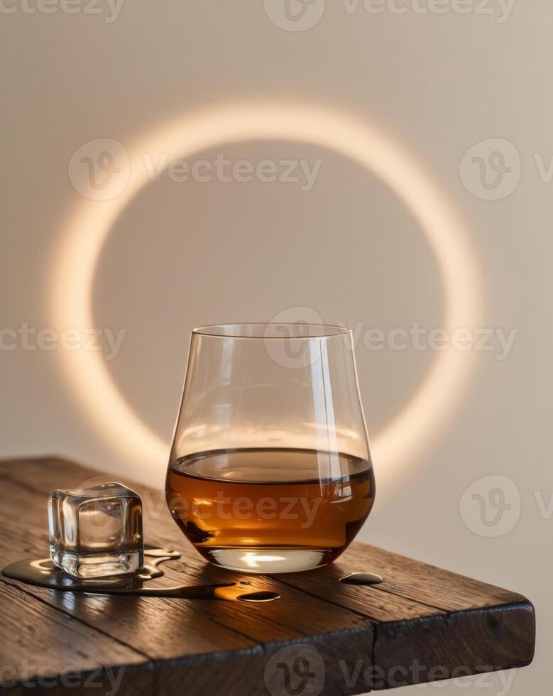 Glass of whisky with ice cubes sitting on wooden table in warm light photo