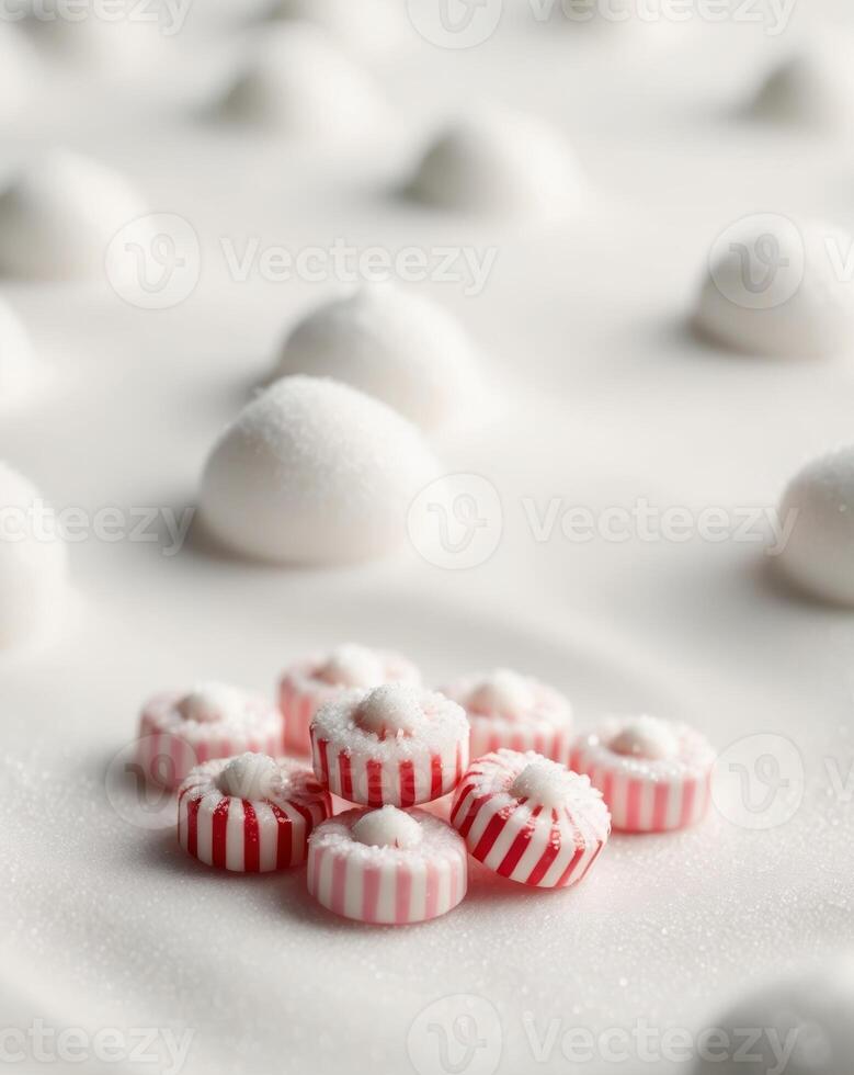 Peppermint Candies in a Festive Snowy Setting photo
