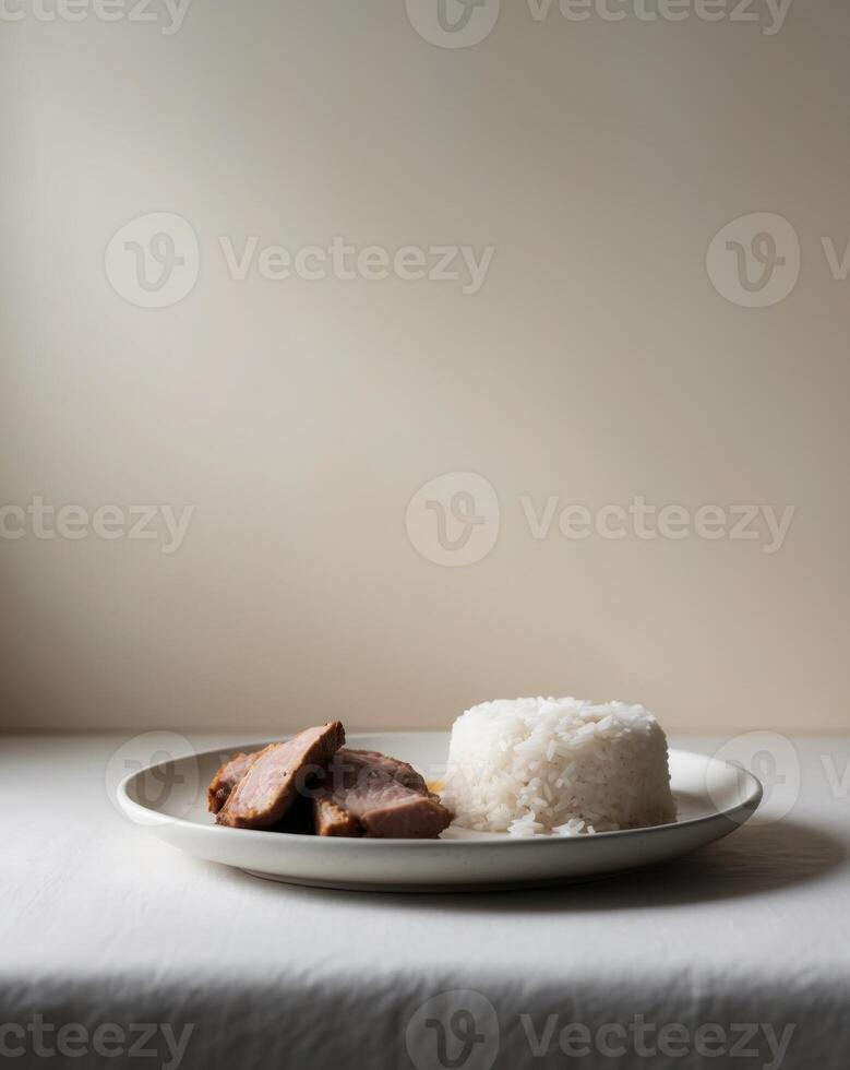 A simple meal of rice and meat served on a white plate photo