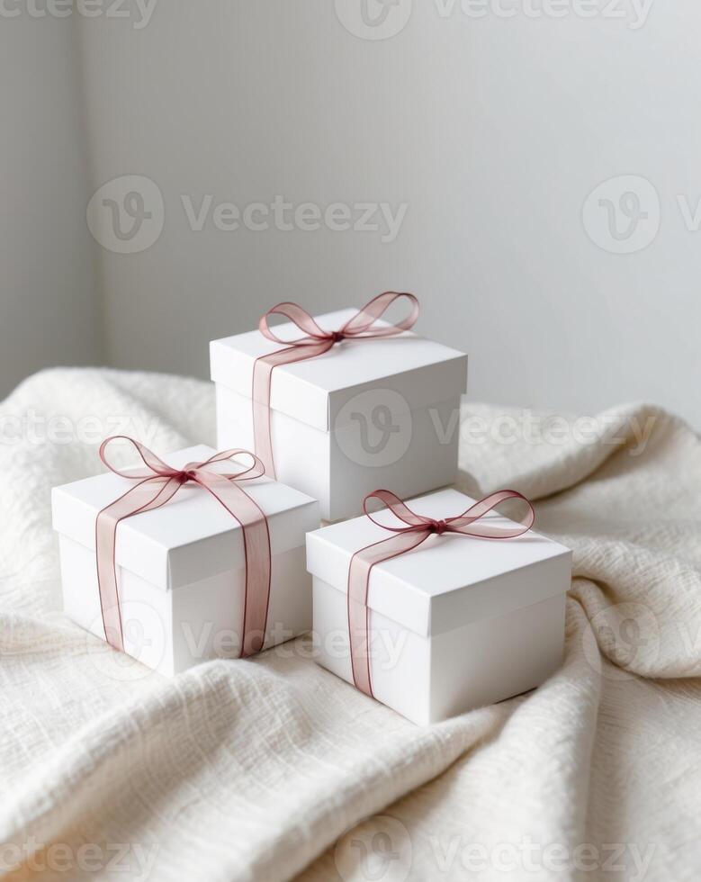 Three White Gift Boxes With Red Ribbons On A Cozy Blanket photo