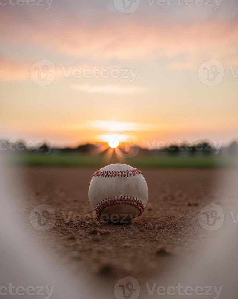 Baseball with Sunburst Glow on Dirt Field at Sunset photo