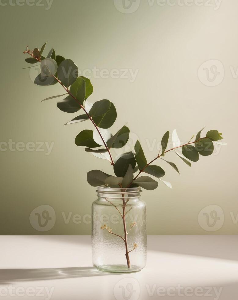 Tranquil Eucalyptus Still Life in Jar with Soft Green Tones and Serene Natural Lighting photo