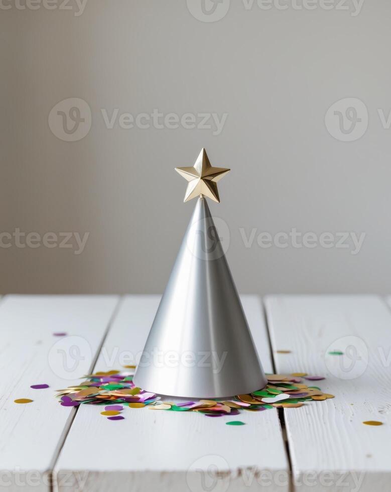 A silver party hat with a gold star on top is on a table with confetti photo