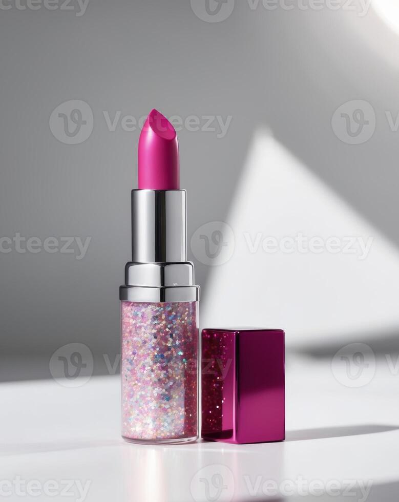 Sparkling pink lipstick with shimmering glitter on shiny surface photo