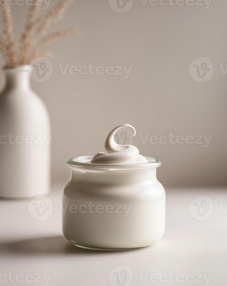A jar of cream with a white swirl on top photo