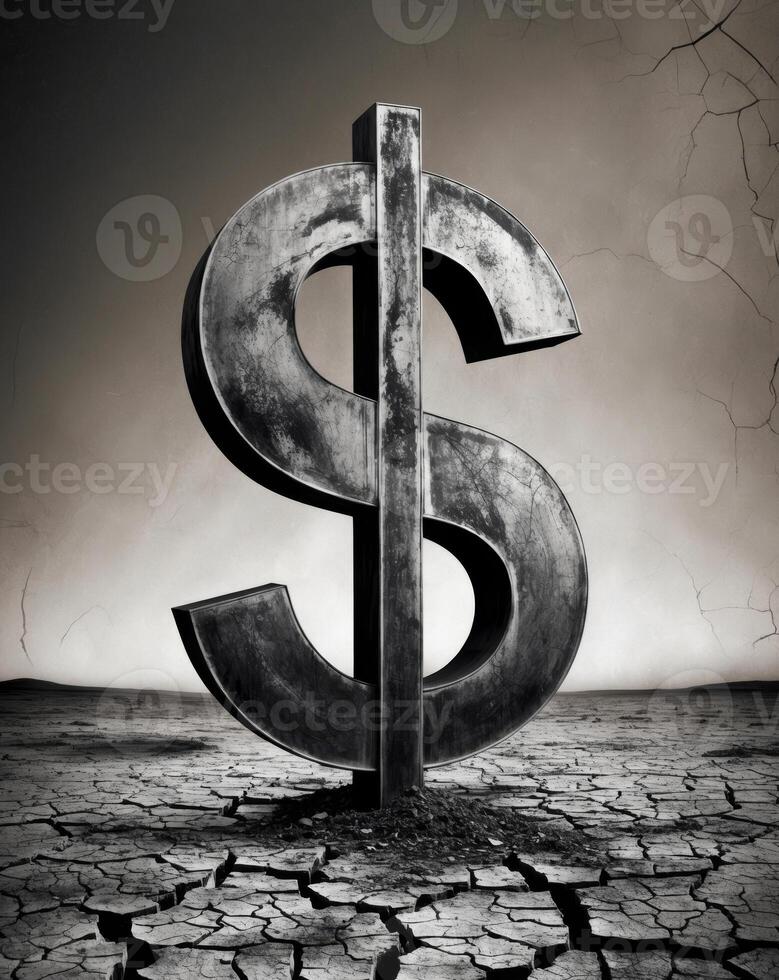 Giant dollar sign on cracking ground symbolizes financial struggle and inflation photo
