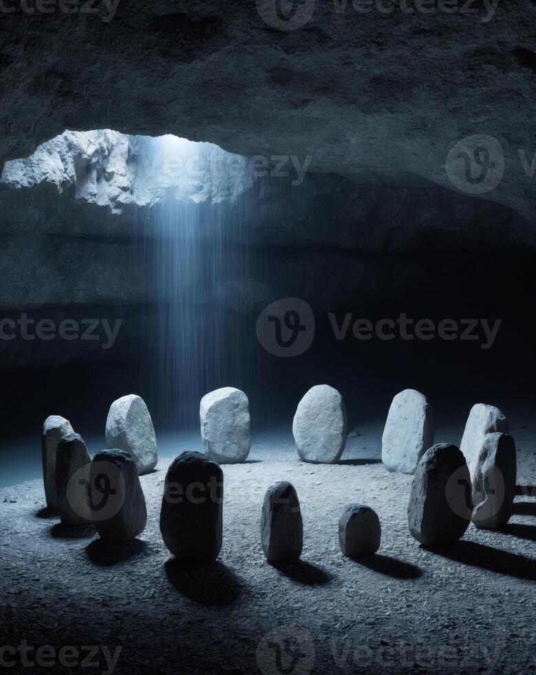 Mysterious stone circle illuminated by blue light in a secluded cave photo