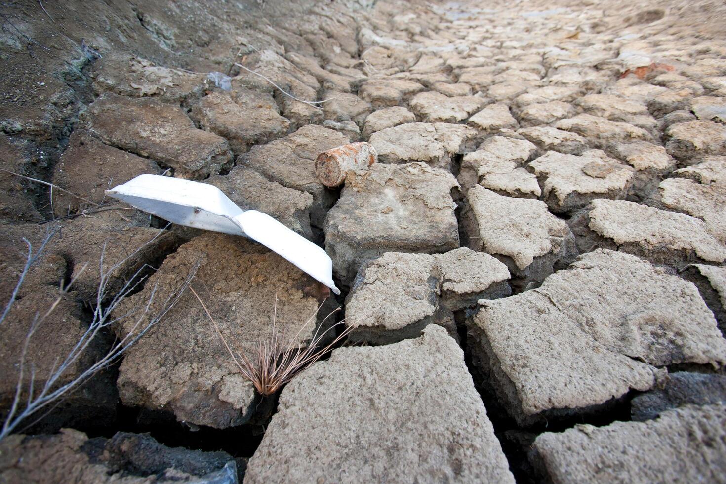 A paper airplane is laying on the ground in a dry area photo