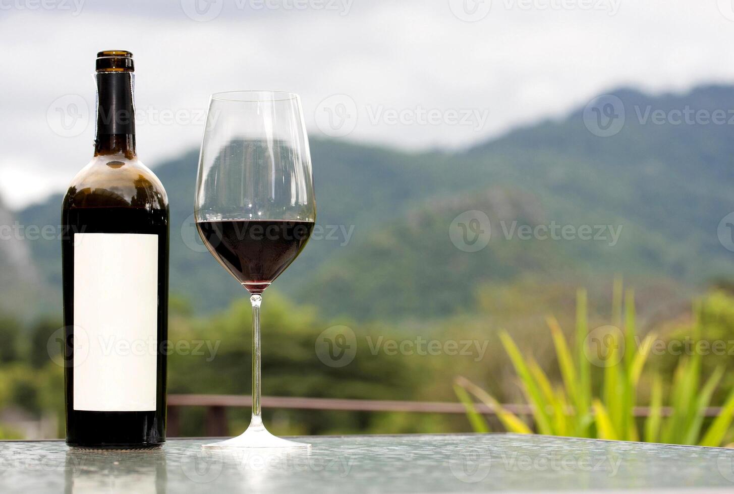 A bottle of wine and a glass of wine sitting on a table photo
