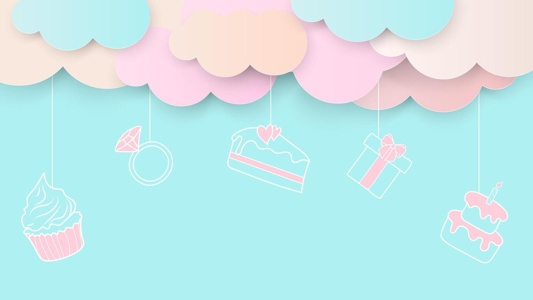 Blue Paper Cut Template with 3D Clouds, Doodle cake, gift, ring, cupcake for Valentine's Day, Happy Women, Mothers, Birthday. Poster Design Concept Love Banner for Social Media, Web, Marketing. vector