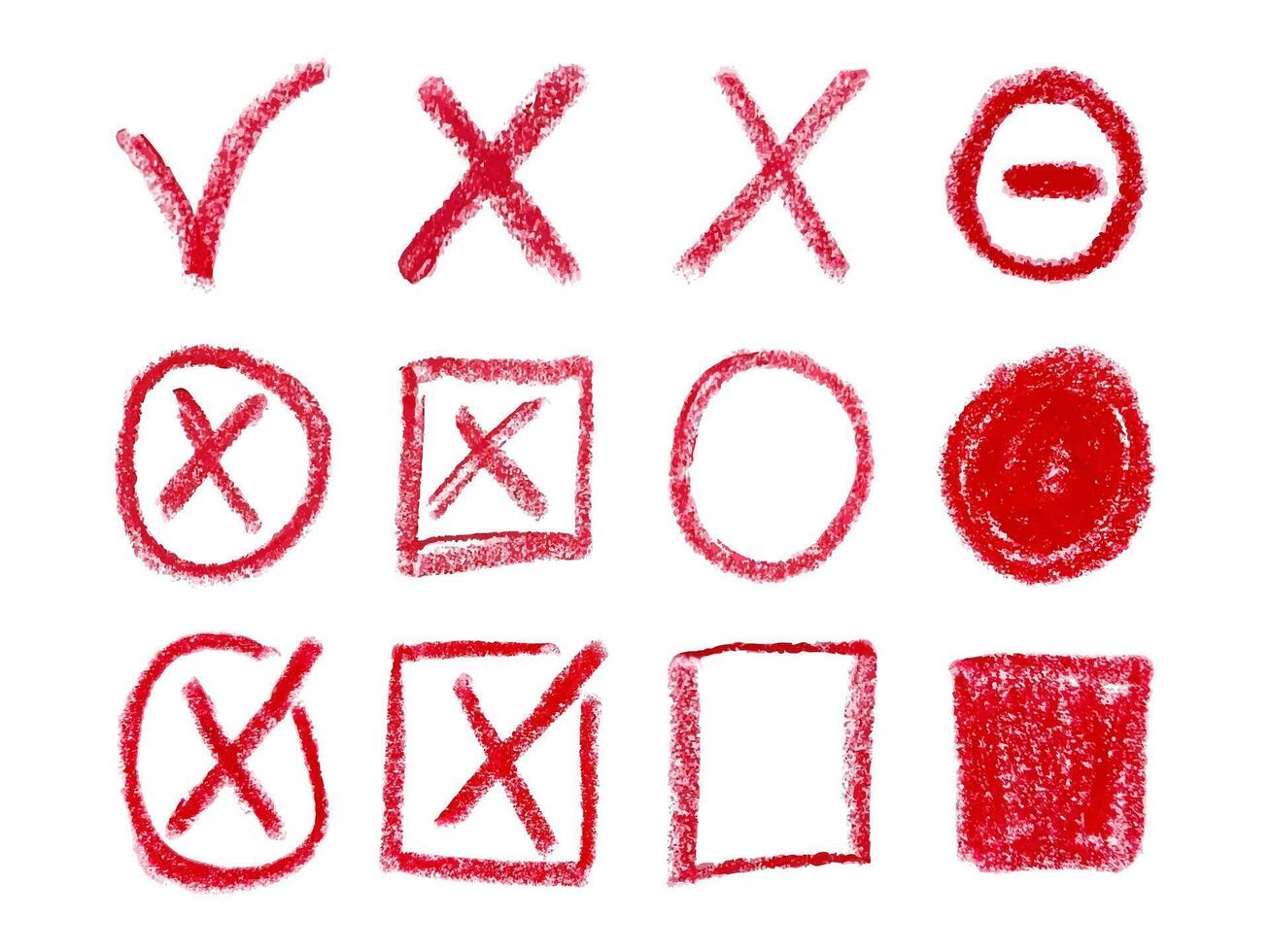 Collection Ticks, Crosses and Circles with Charcoal Pencil. Hand Drawn Chalk Checklist, Checkbox, Red Tick and Signs Circle, Square in Sketch Style. Doodle Elements Yes. Correct, Incorrect Symbols. vector