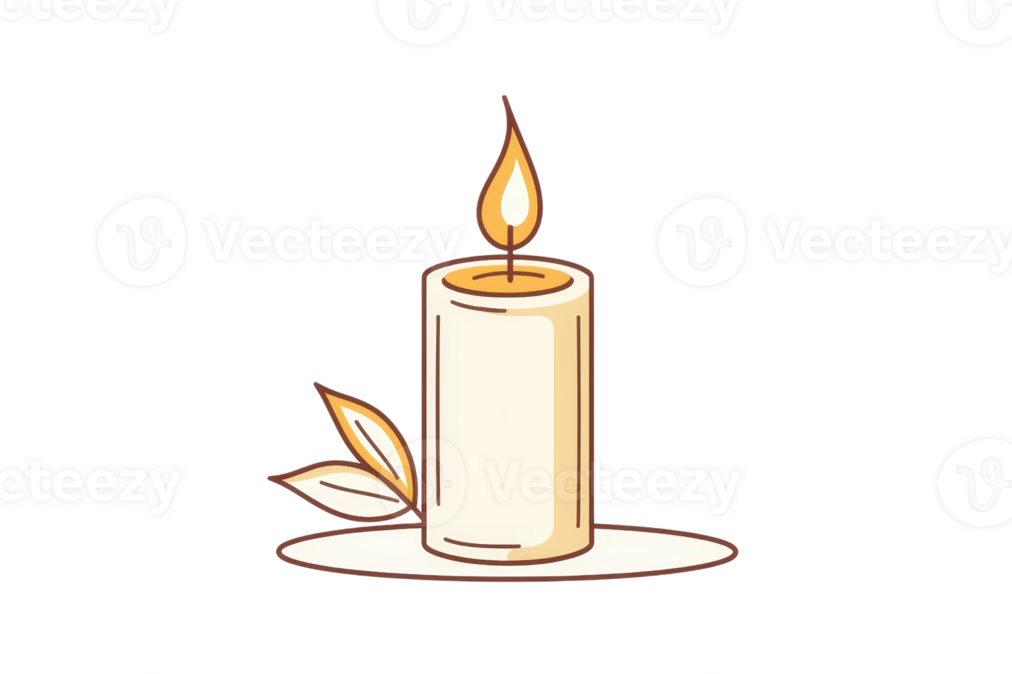 A lit candle with a subtle flame beside a green leaf, symbolizing warmth and tranquility. png