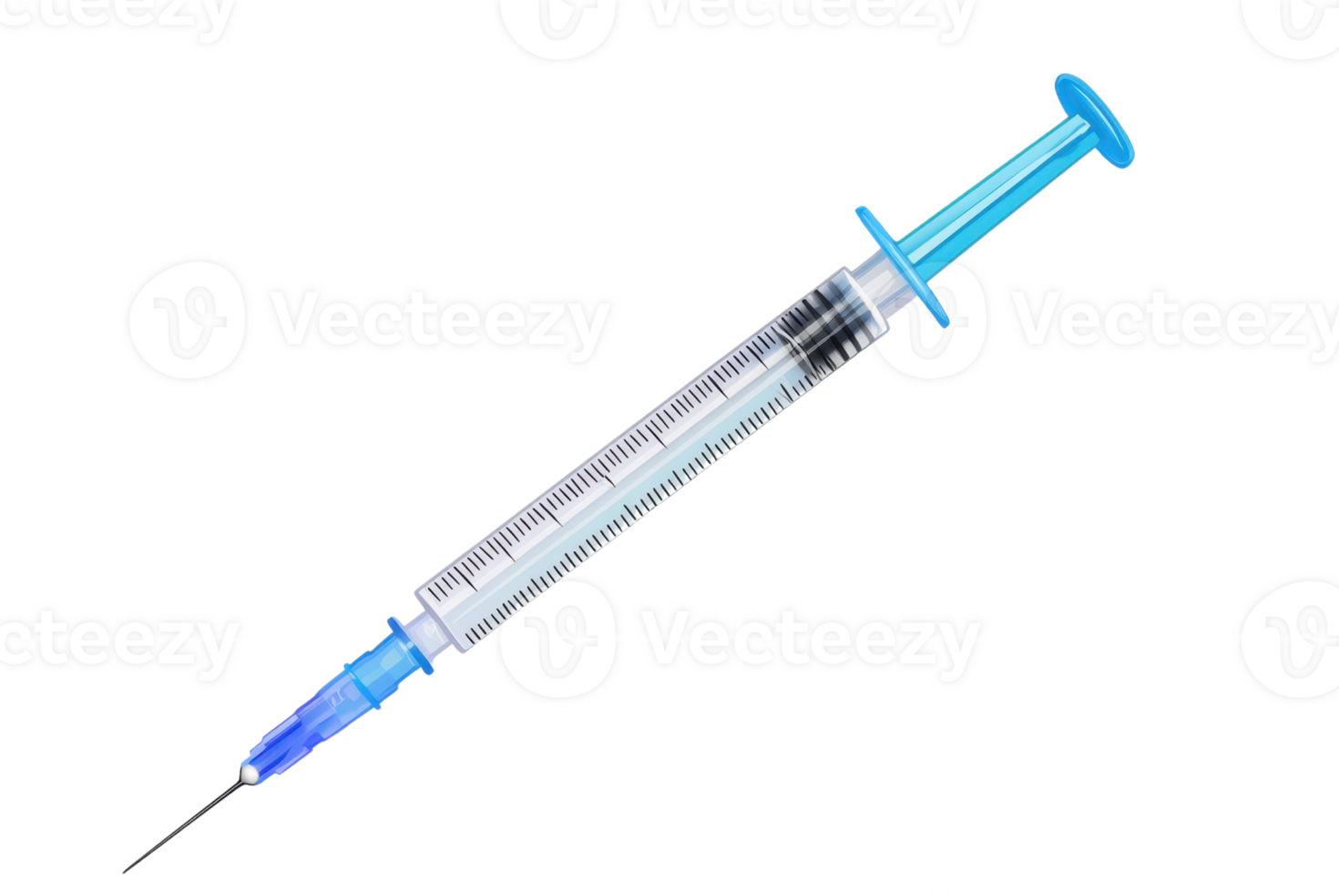 A detailed close-up of a medical syringe with a blue plunger and clear barrel, used for injections in healthcare or medical settings. png