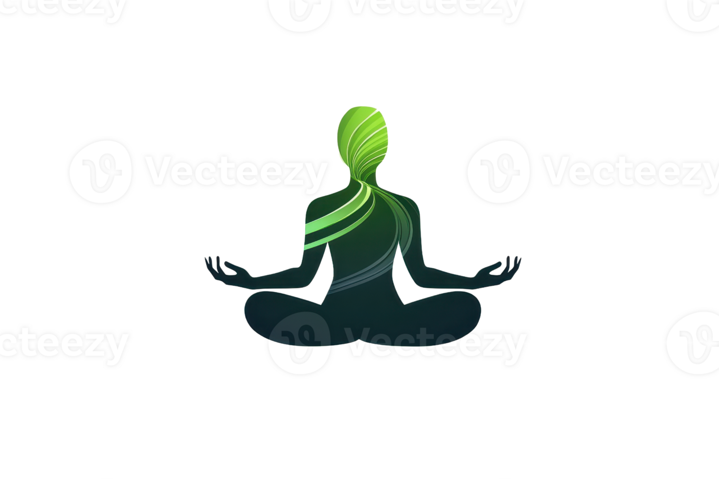 A figure in a meditative pose with flowing green accents, conveying tranquility and inner peace. png