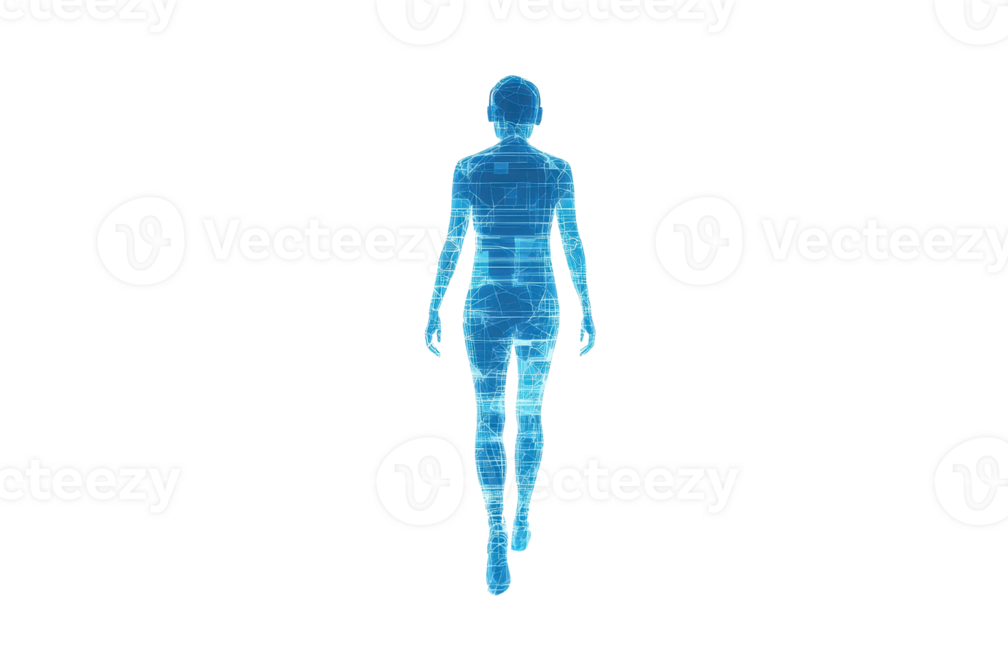 A stylized, blue silhouette of a human figure appears to move forward, showcasing a digital or holographic design. png