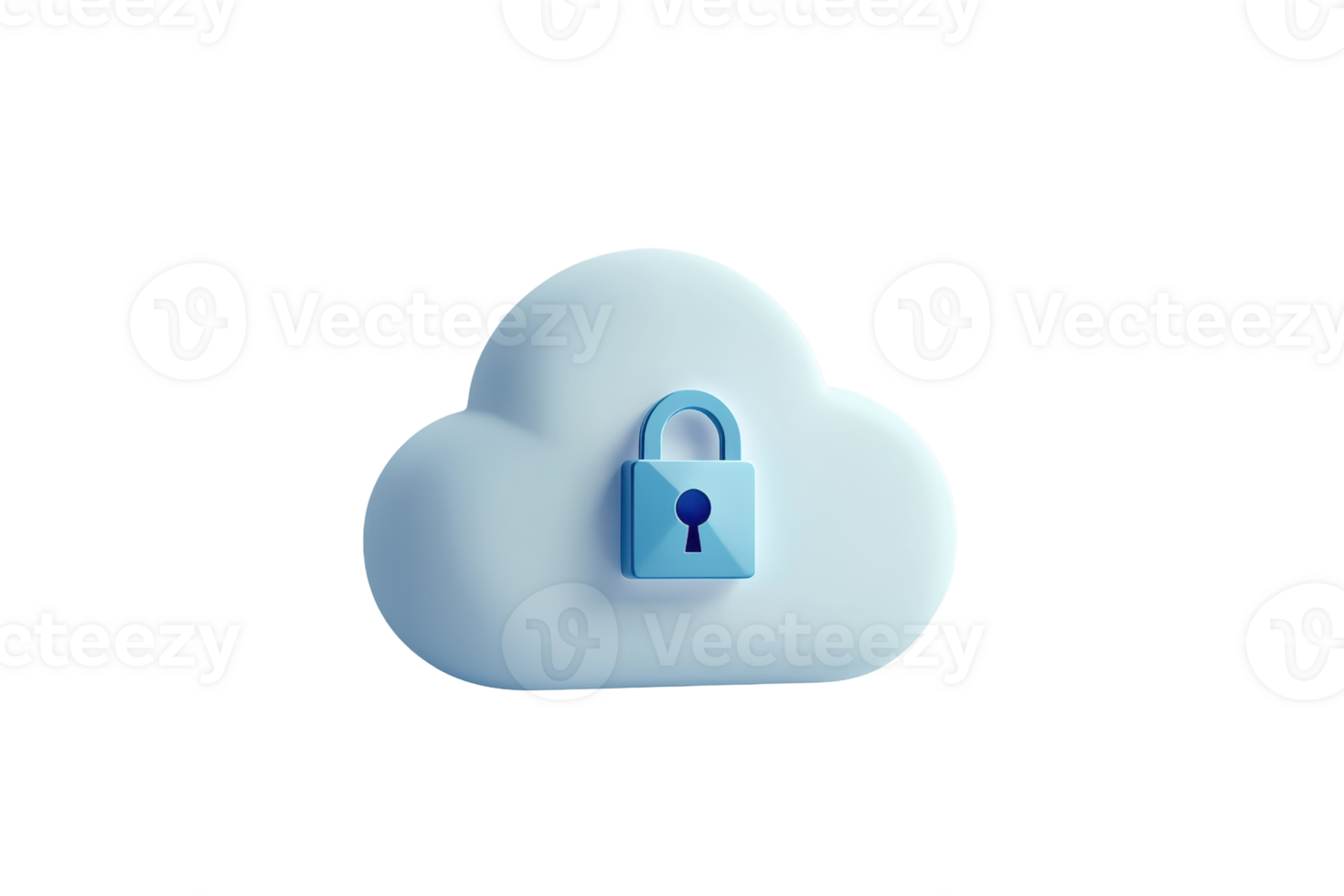 3D illustration of a blue cloud with a lock symbolizing secure cloud storage, data protection, and cybersecurity concepts. png